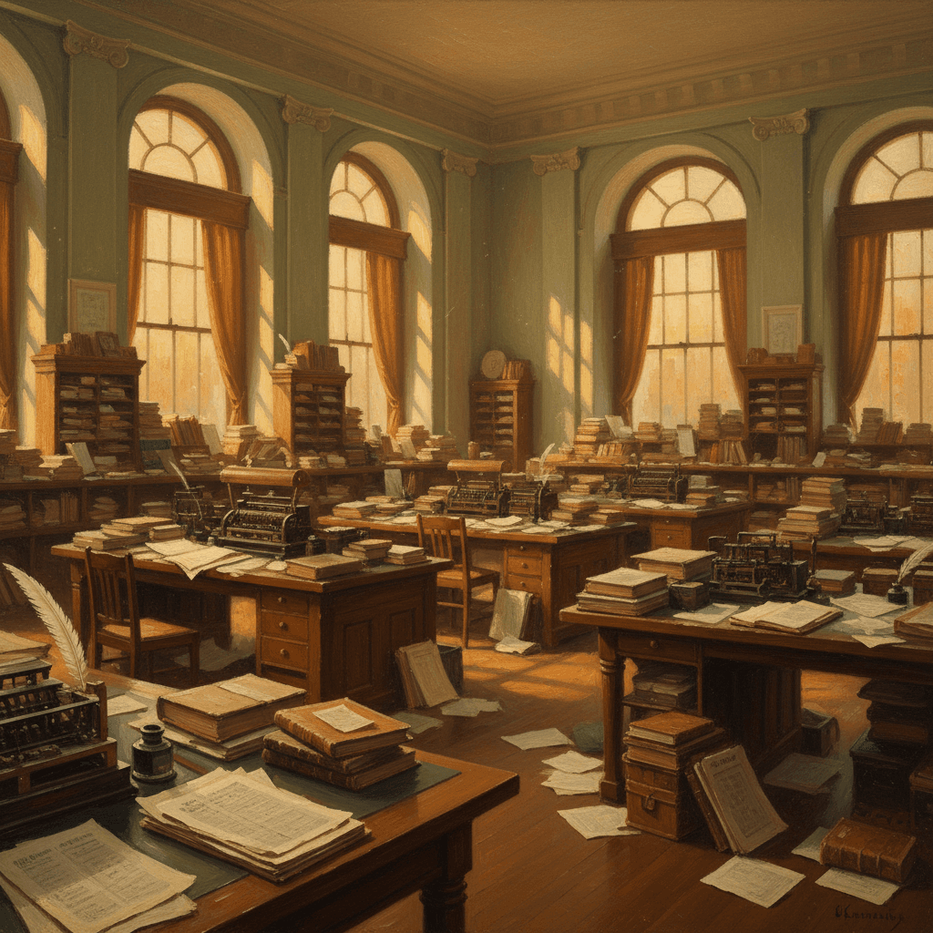 A stock exchange trading floor with ledgers and financial documents in warm muted tones, oil painting style