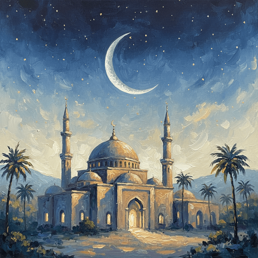 Dua for Laylatul Qadr — a moonlit mosque scene in warm muted oil painting tones