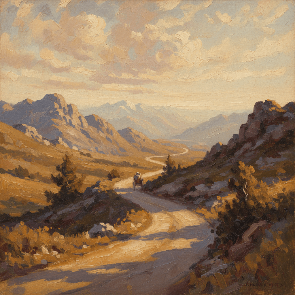 Dua for traveling — a winding road through mountains in warm muted oil painting tones