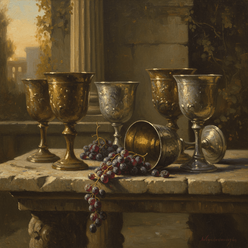 Glass goblets and grapes on a stone surface in golden evening light, oil painting