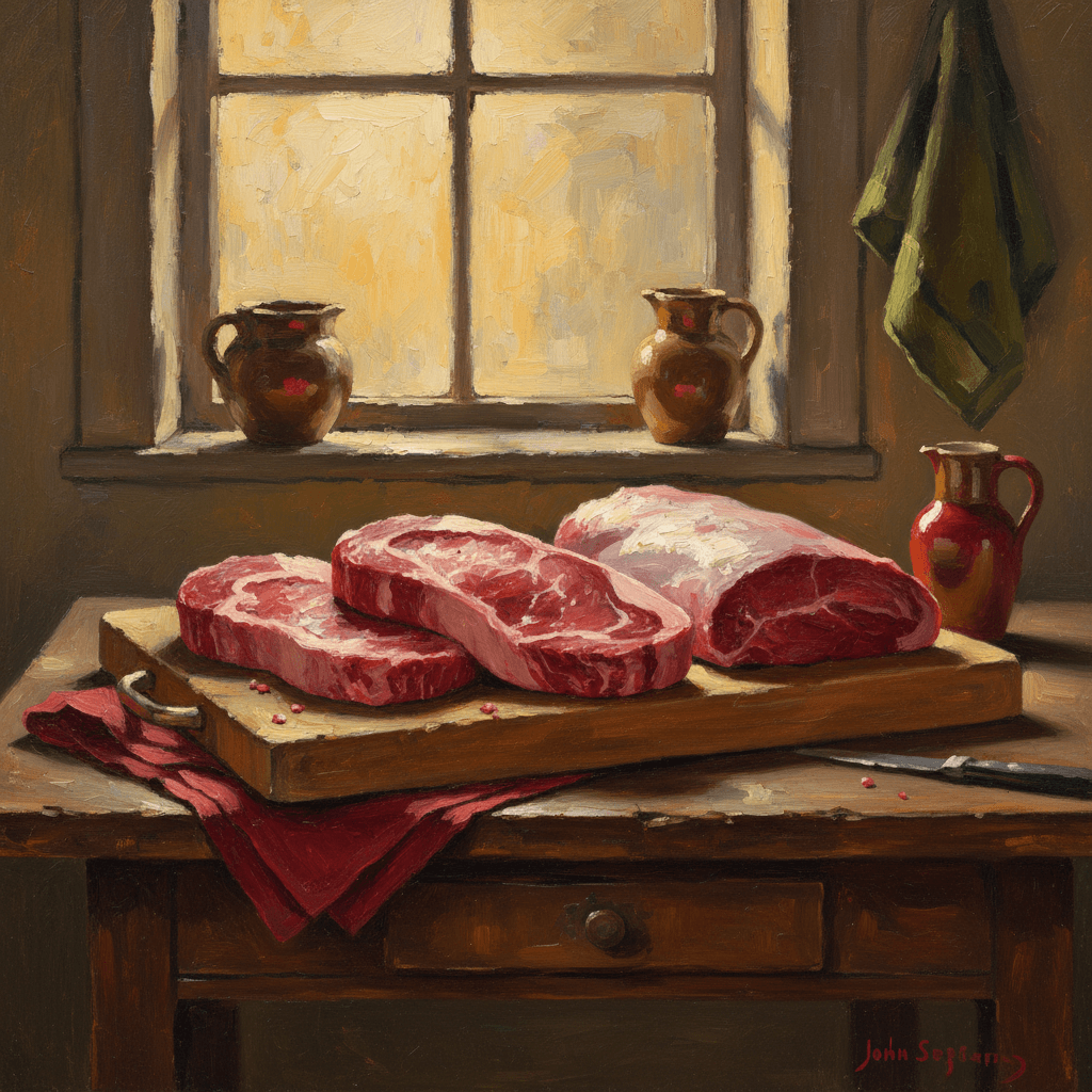 Is beef haram in Islam — fresh cuts of meat on a wooden board in warm muted oil painting tones