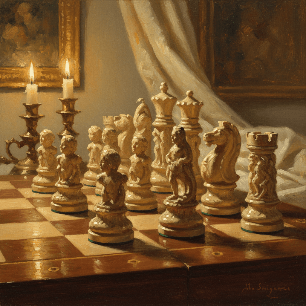 A carved wooden chess set on a cloth in warm amber light