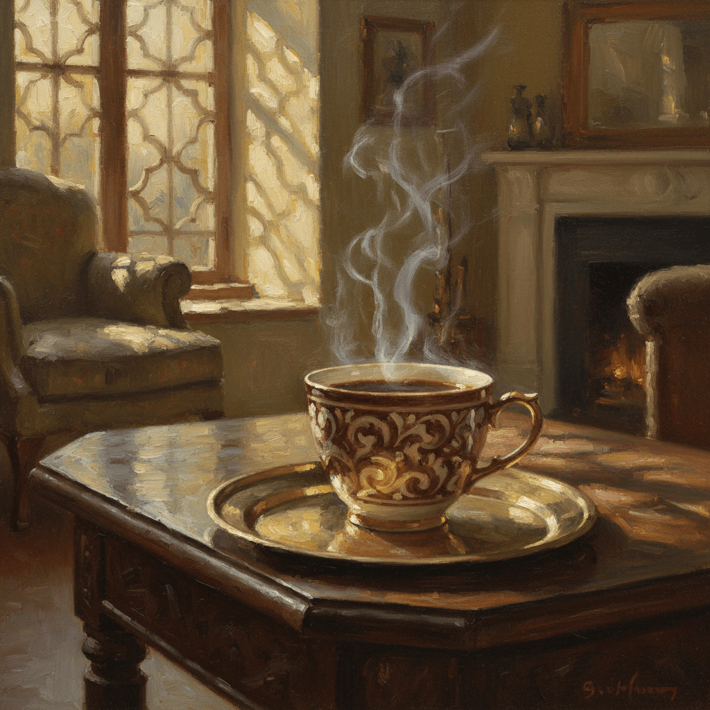 A traditional cup of Arabic coffee on an ornate saucer, representing the long history of coffee in Islamic culture