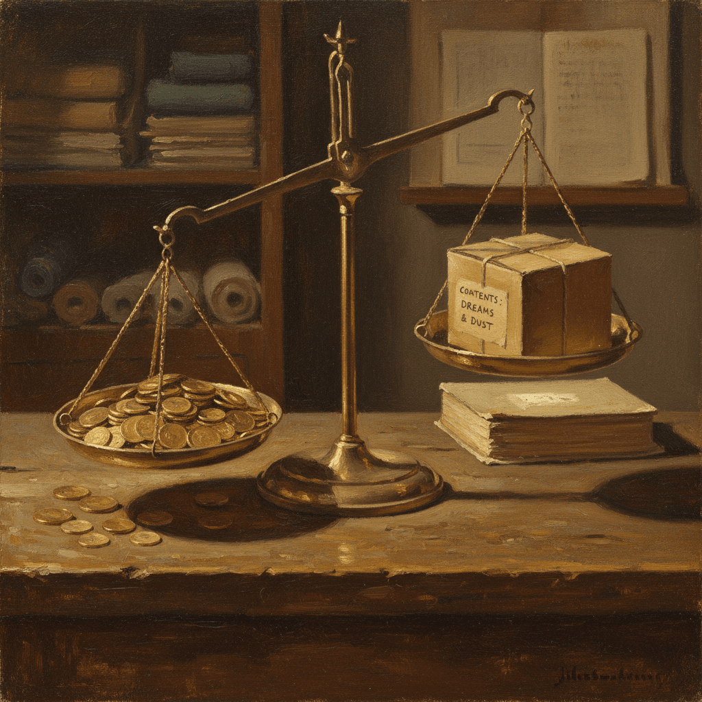 A merchant's desk with a laptop, shipping boxes, and a ledger in warm muted tones, oil painting style
