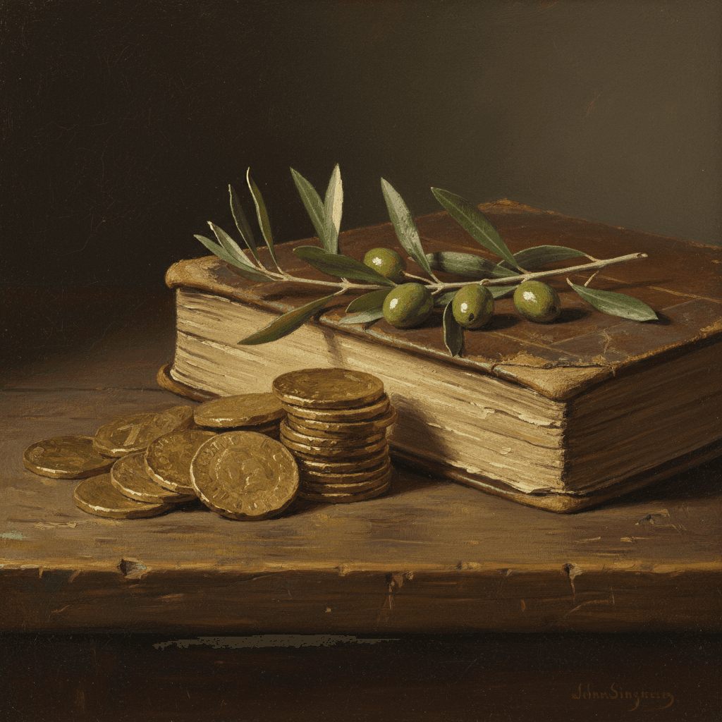 Gold coins stacked beside a weathered ledger book in warm muted tones, oil painting style