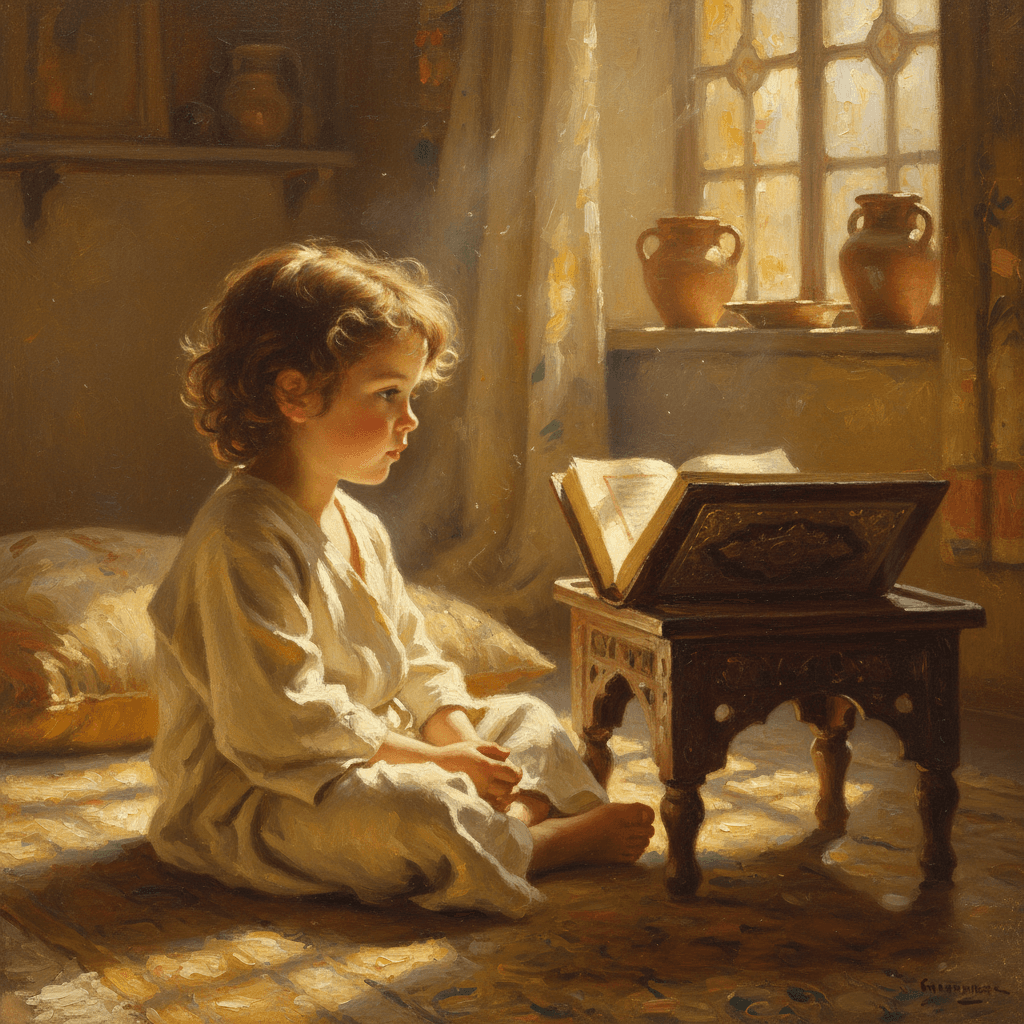 An open Quran on a wooden table in warm afternoon light