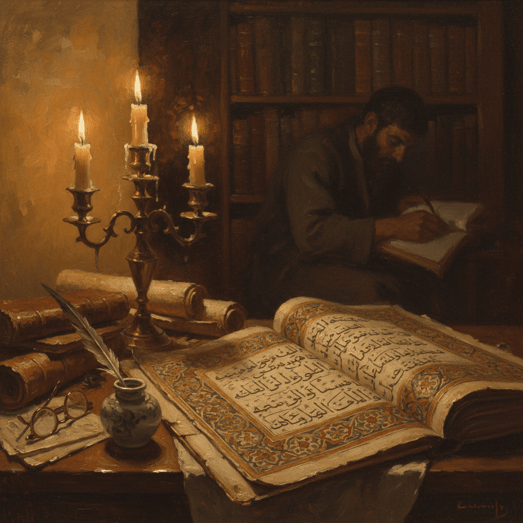 An old Arabic manuscript page and prayer beads in warm golden light