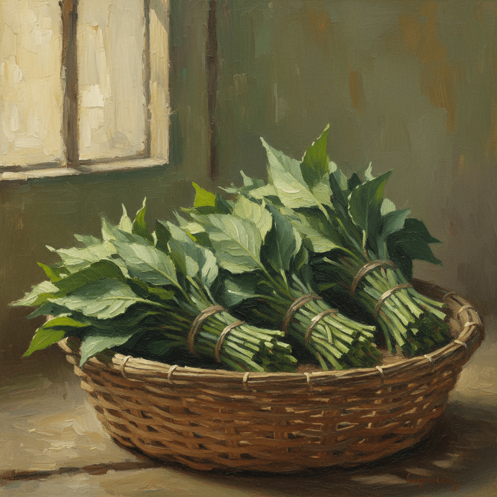 Is khat haram in Islam — green khat leaves in warm muted oil painting tones