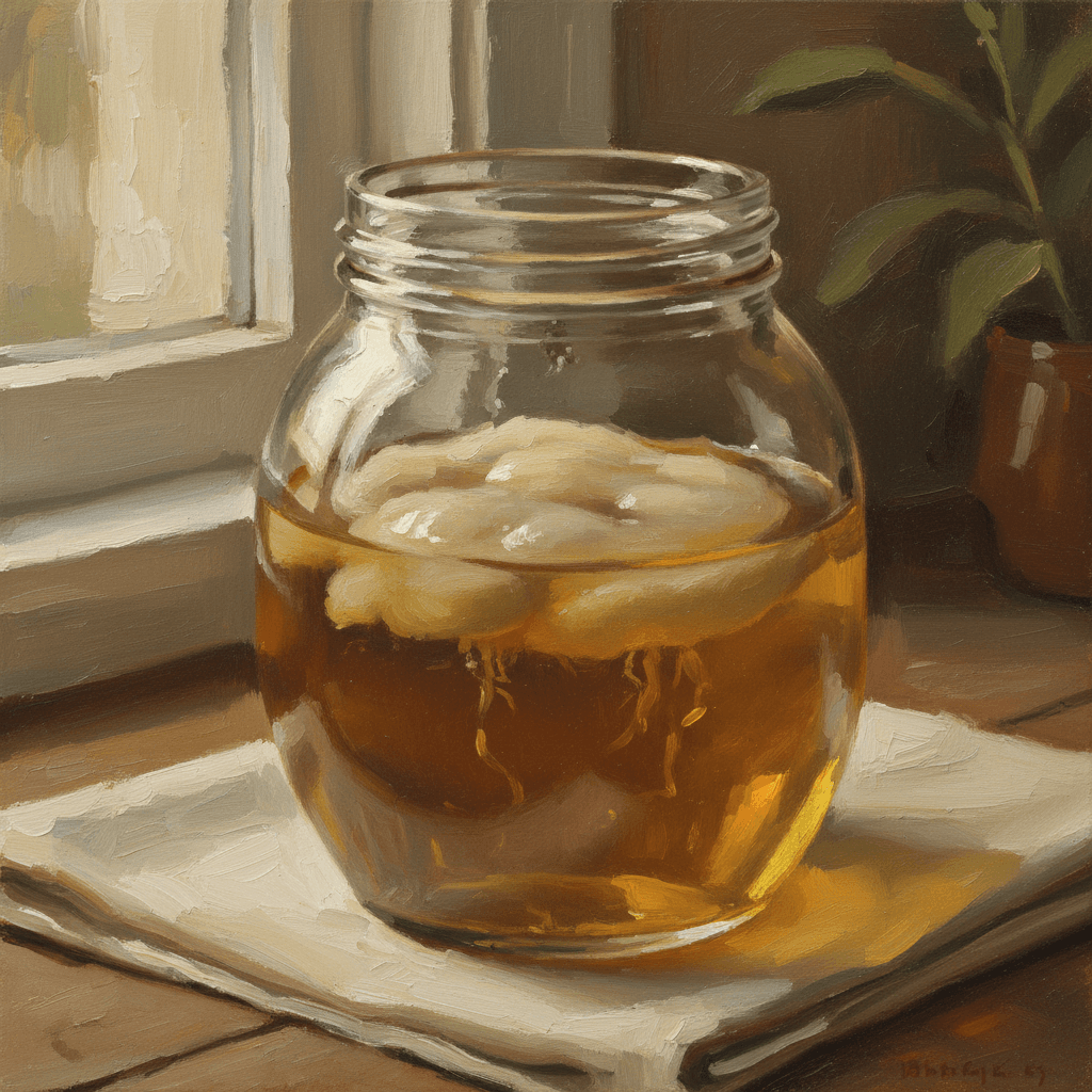 Glass jar of kombucha tea with a SCOBY culture, set on a wooden table with tea leaves