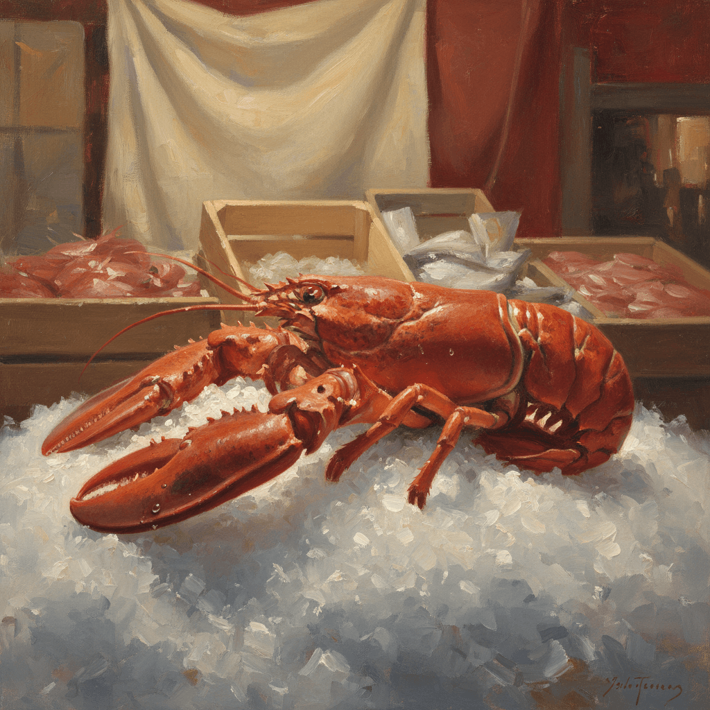 Is lobster haram in Islam — a lobster on ice in warm muted oil painting tones