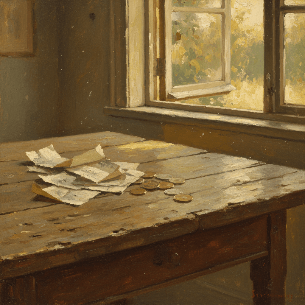Scattered paper tickets on a worn wooden table with scattered coins, warm muted tones, oil painting style
