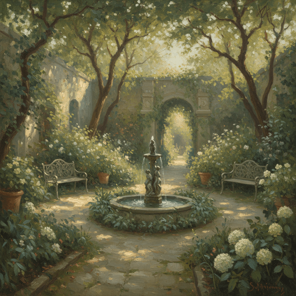 Is meditation haram in Islam — peaceful garden scene in warm muted oil painting tones