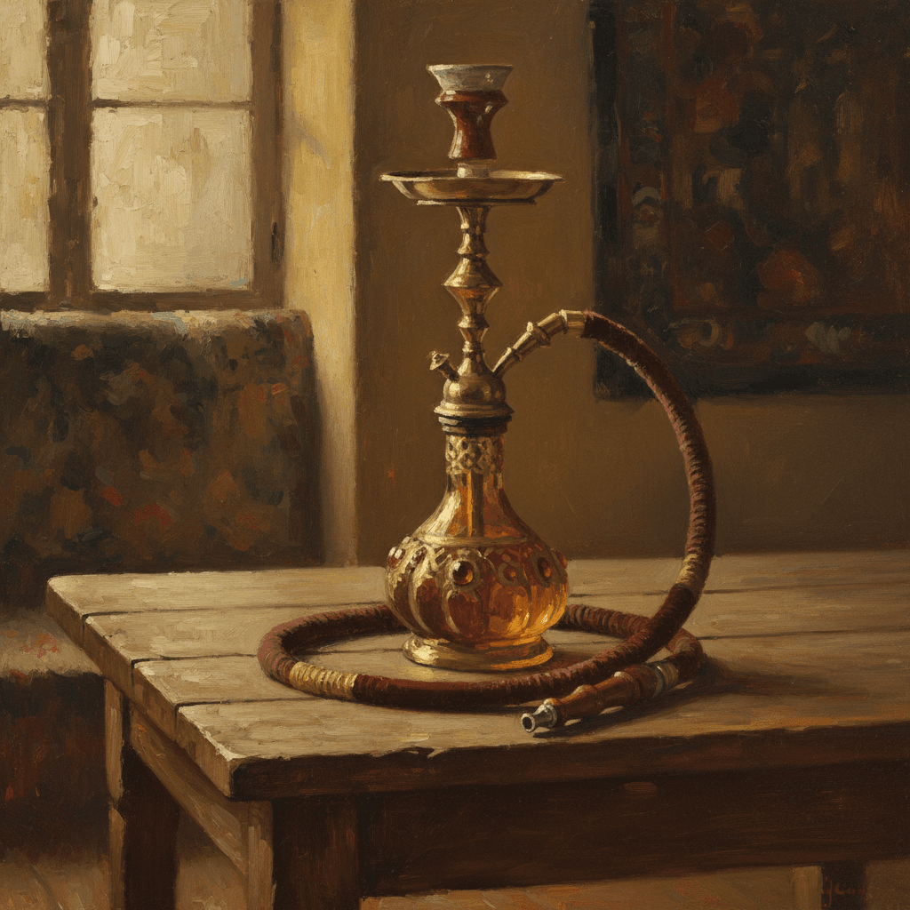 A traditional hookah pipe on a wooden surface in warm amber light