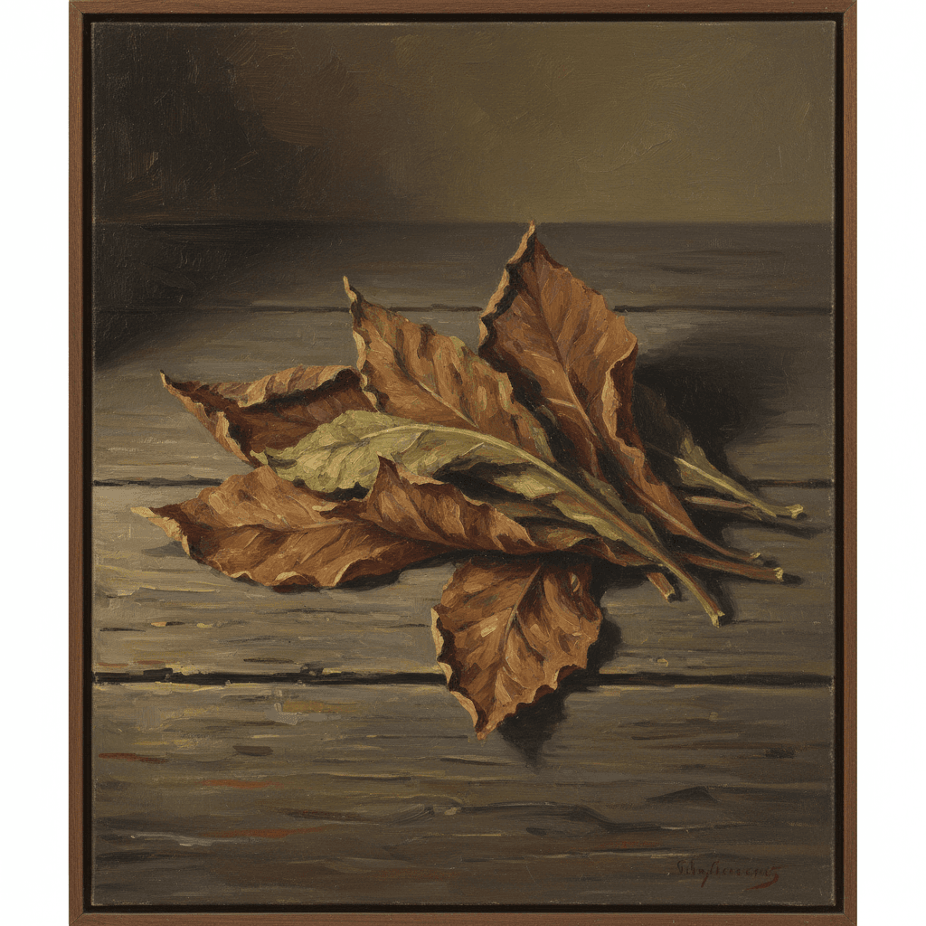 Dried tobacco leaves on a wooden surface in soft muted light, representing the Islamic question of whether tobacco is permissible