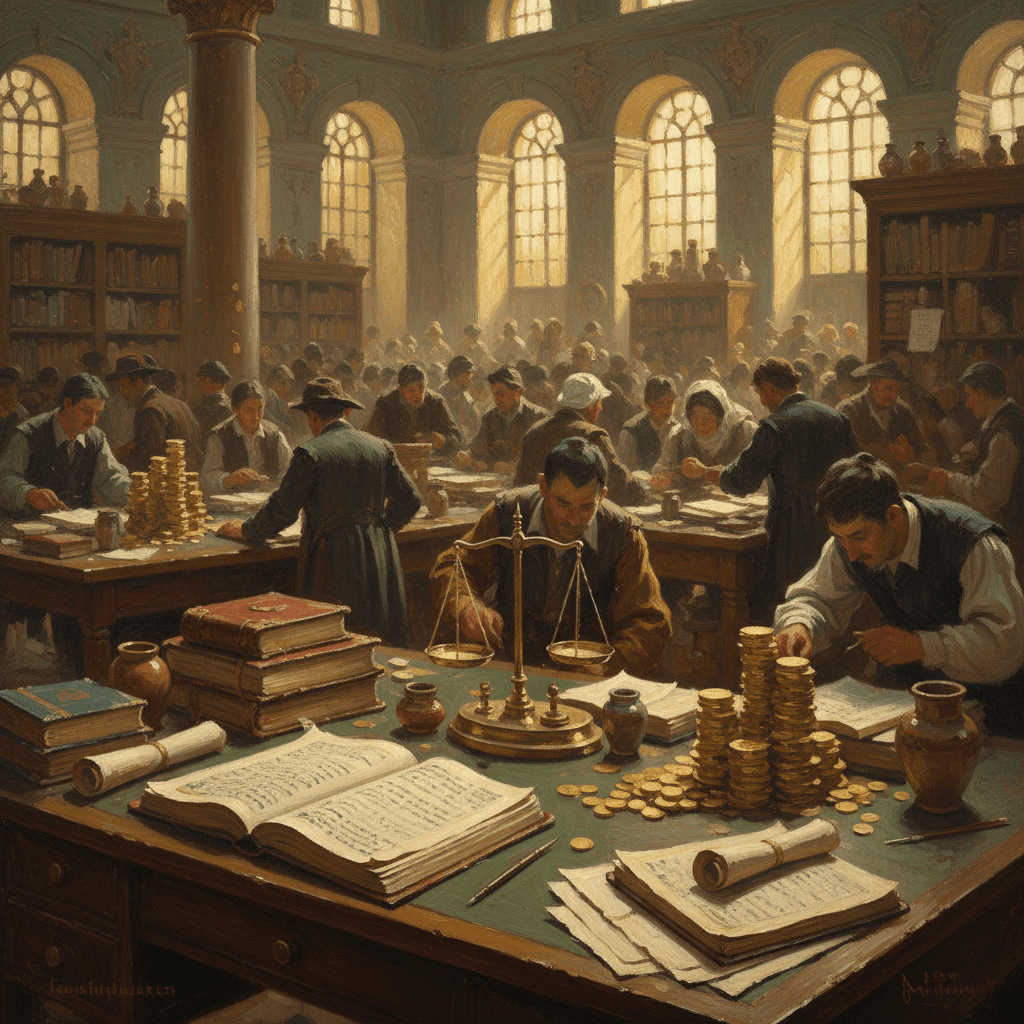 A merchant's desk with ledgers, gold coins, and a balance scale in warm muted tones, oil painting style