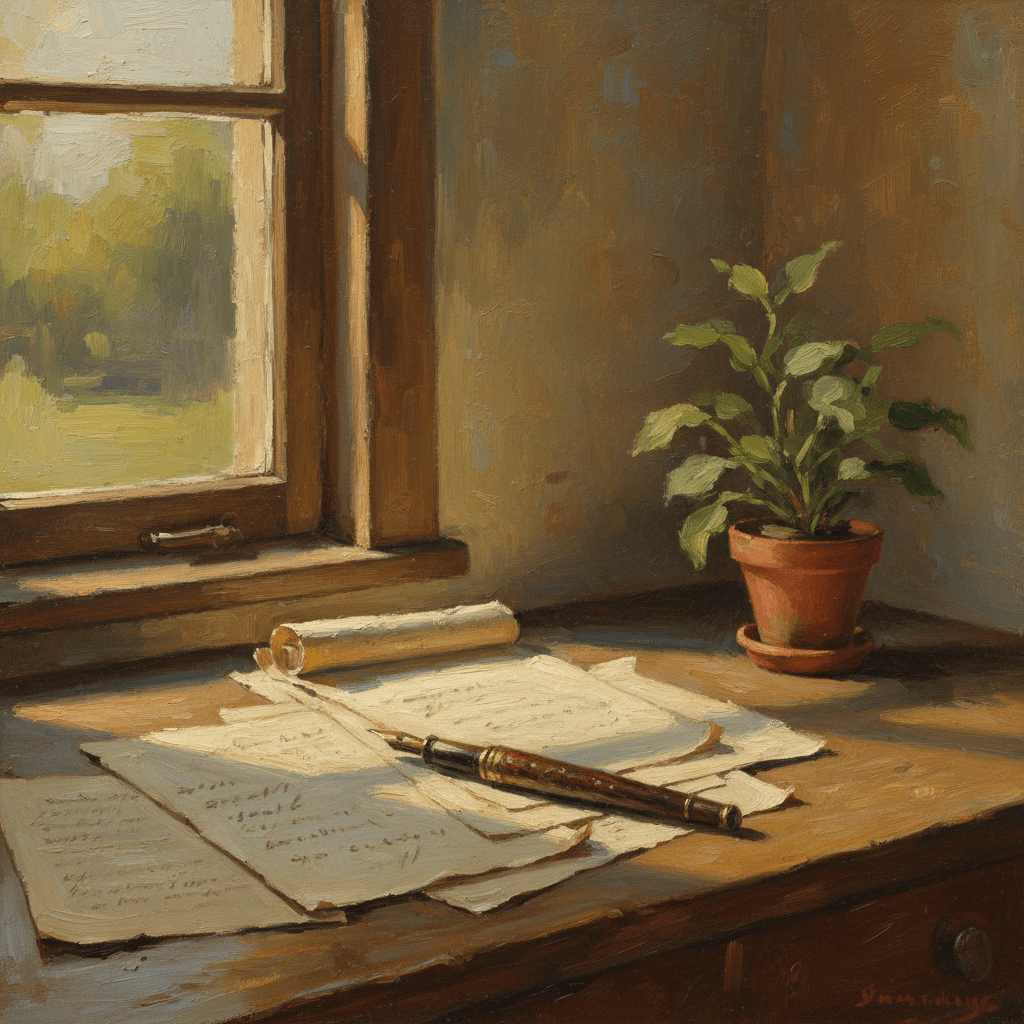 A family's possessions and documents on a wooden table with warm muted lighting, oil painting style