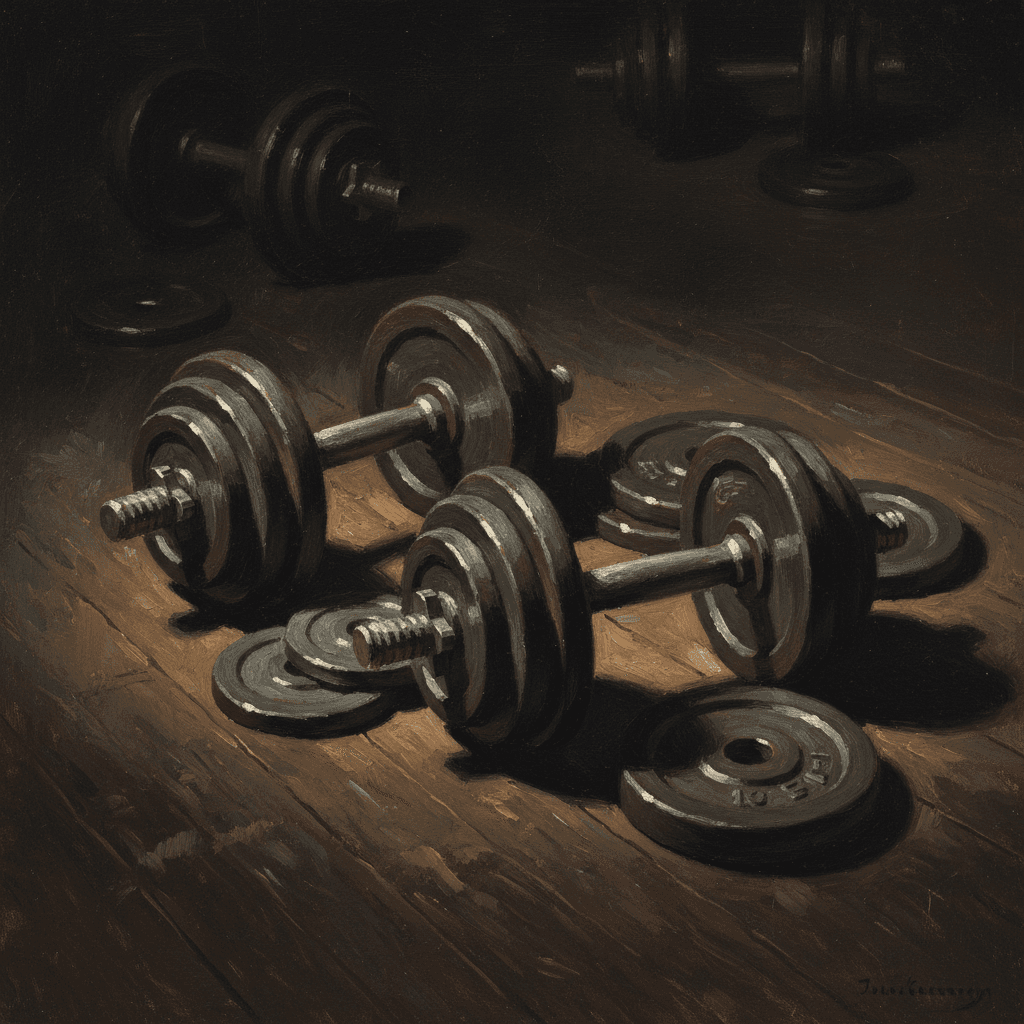 Are steroids haram in Islam — gym weights in warm muted oil painting tones