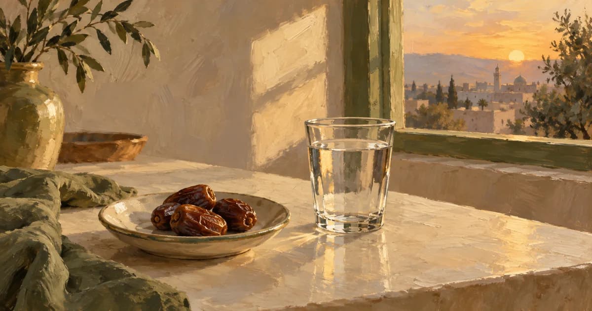 Dates and a glass of water on a quiet table in warm evening light