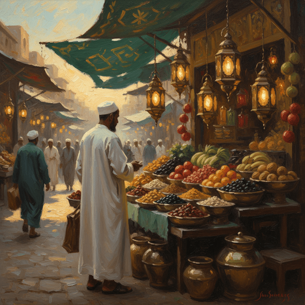 Halal vs haram in Islam — a warm oil painting of a market with draped fabrics and lantern light