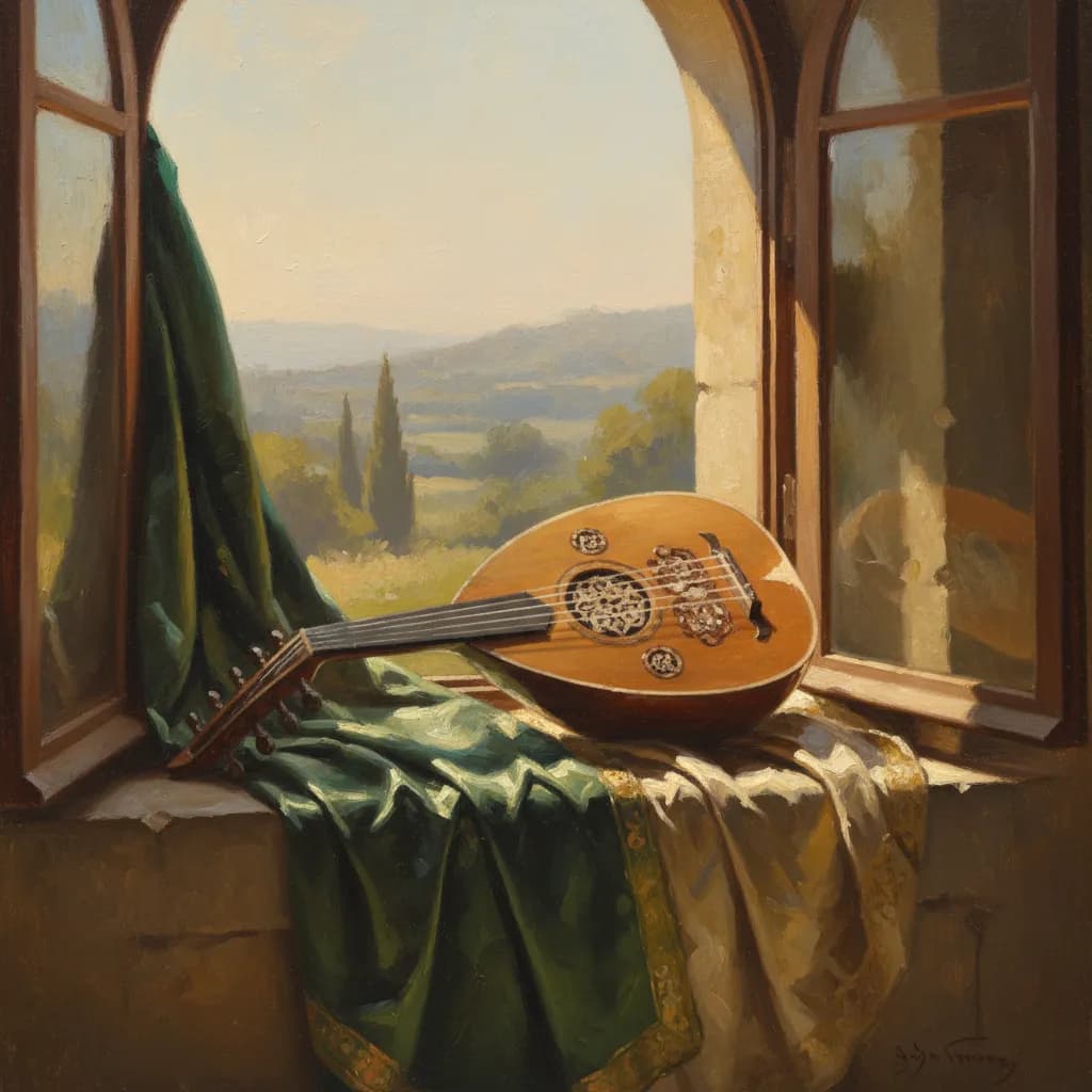 Is music haram in Islam โ an ornate oud resting on silk cloth in warm amber tones