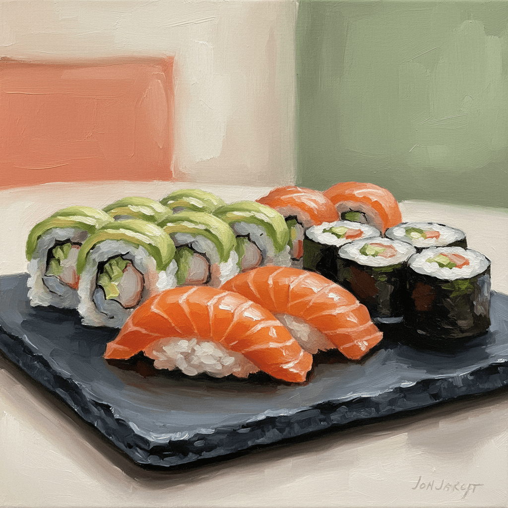 A plate of assorted sushi including nigiri and maki rolls with fish and vegetables