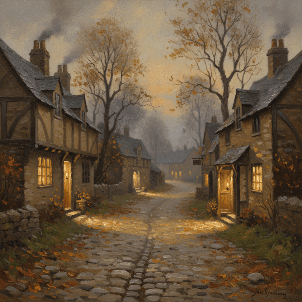 A quiet autumn street at dusk with scattered fallen leaves, representing the trick-or-treating question in Islam