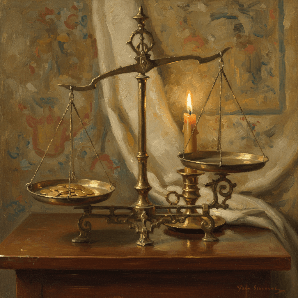 Gold coins and an antique scale in warm amber light, oil painting style