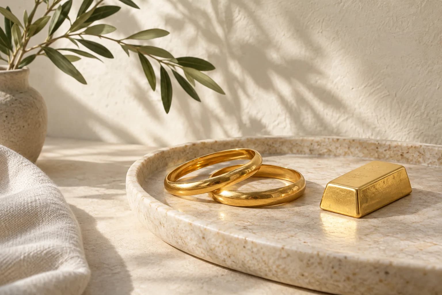 Gold bangles and an ingot on a stone tray