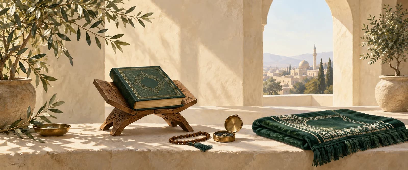 Ein Koran auf einem Holzständer, Gebetsperlen, ein Kompass und ein Gebetsteppich in einem sonnigen Innenhof