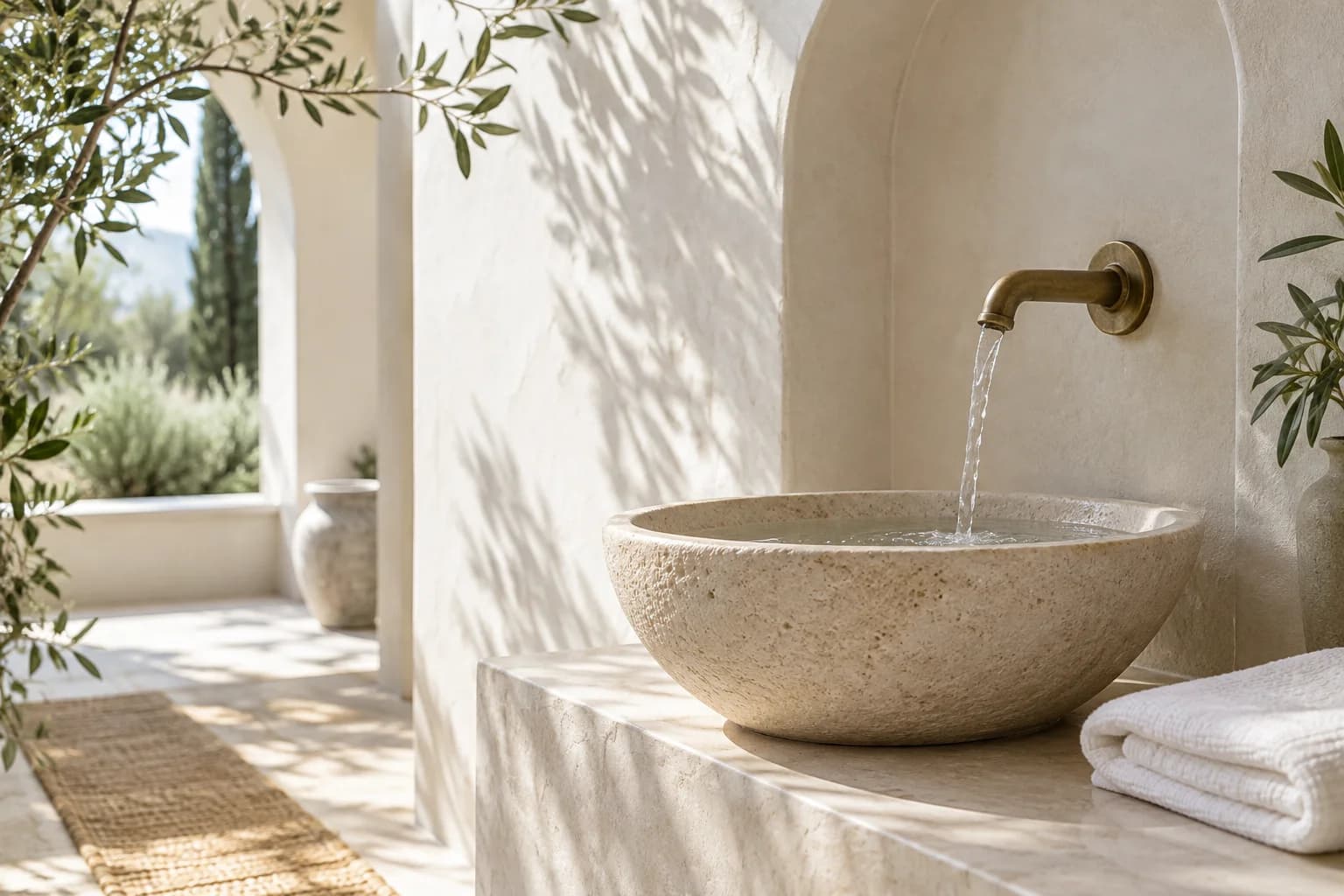 Sunlit wash basin with clear running water
