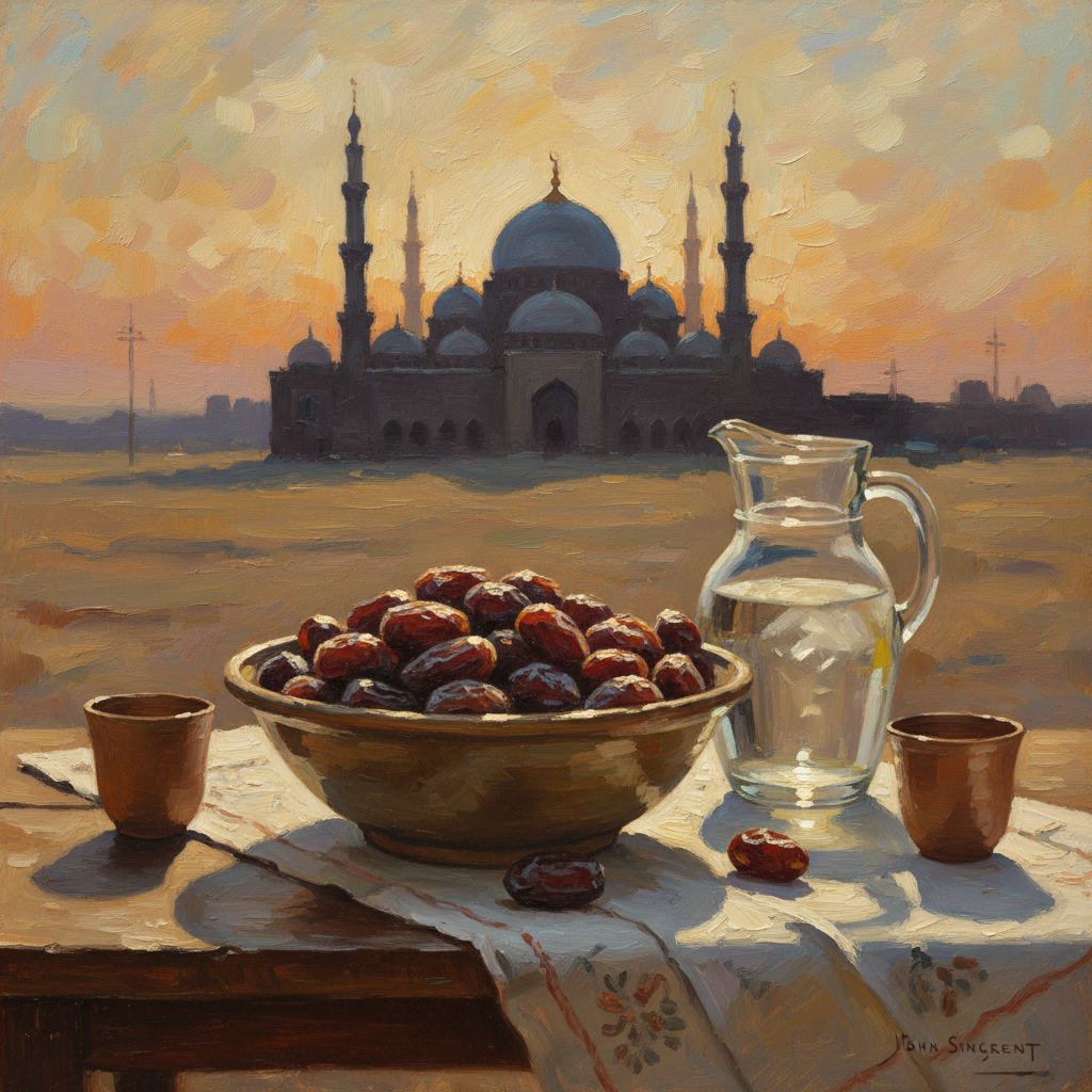 Dua for breaking fast in Ramadan — dates and water at sunset in warm muted oil painting tones