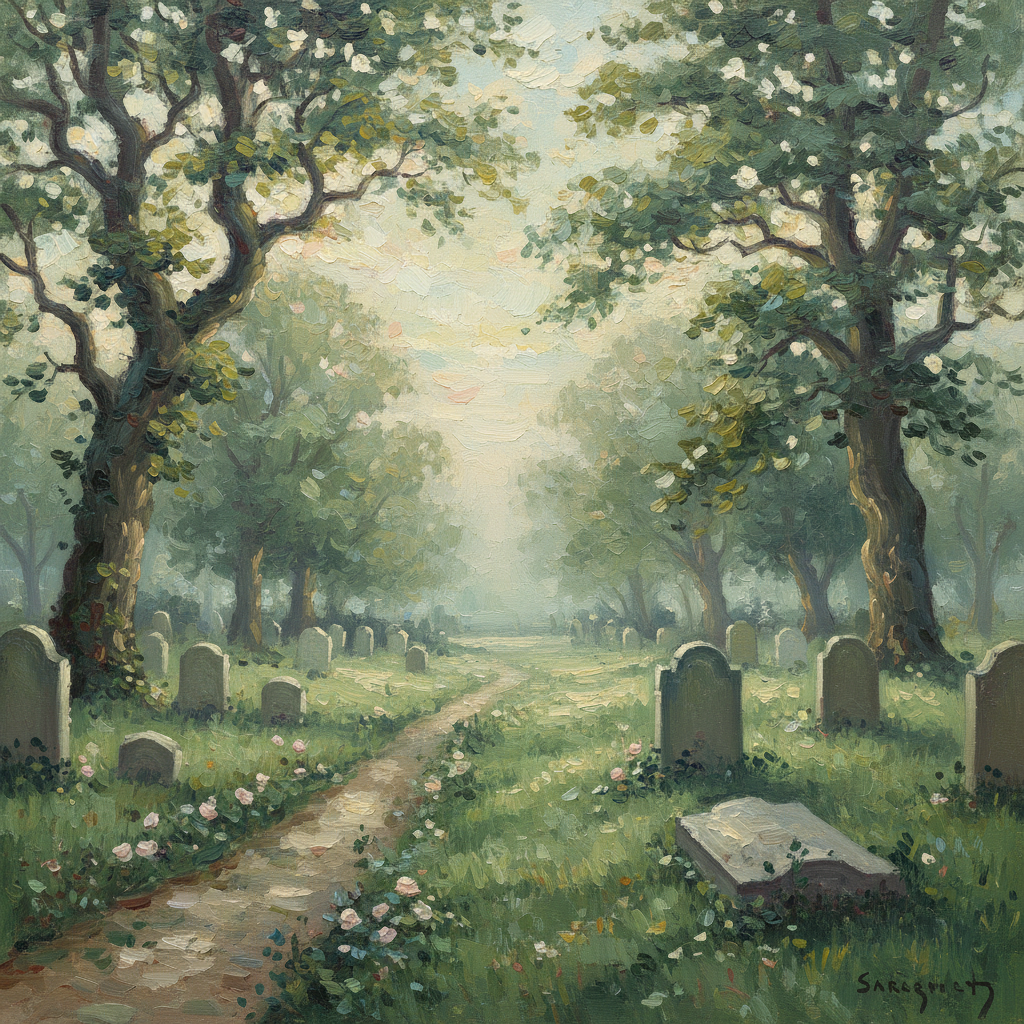 Dua for deceased โ a peaceful graveyard with soft morning light in warm muted oil painting tones