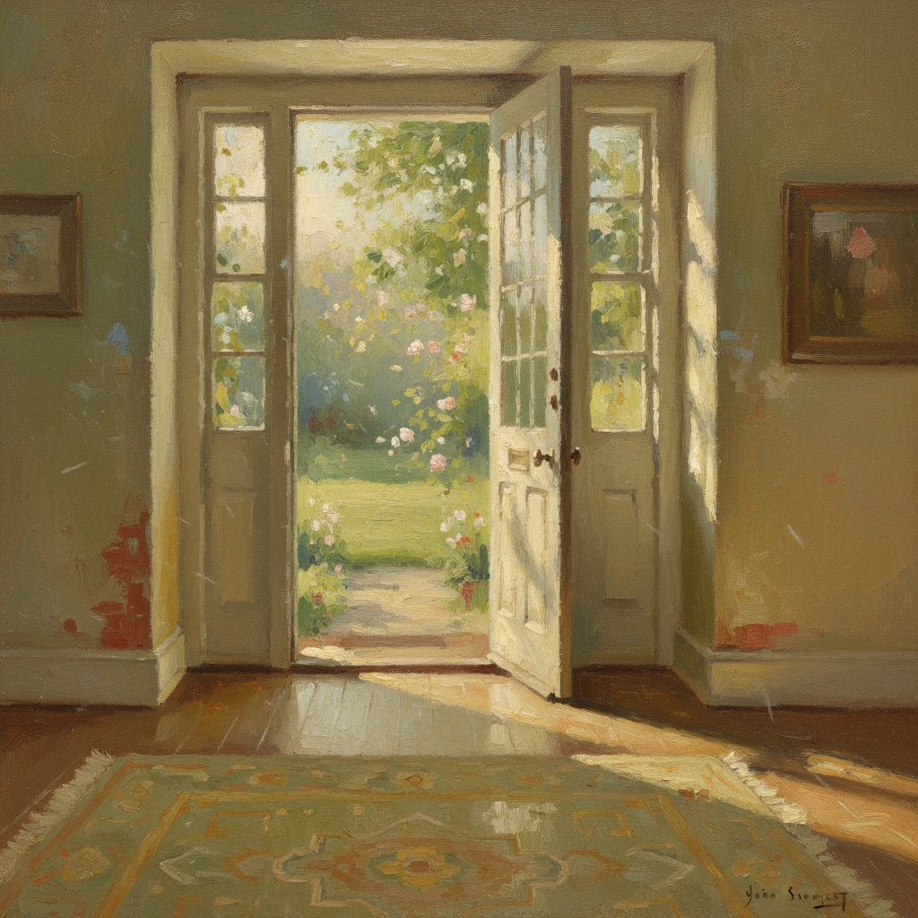 Dua for leaving the house — an open front door with morning light in warm muted oil painting tones