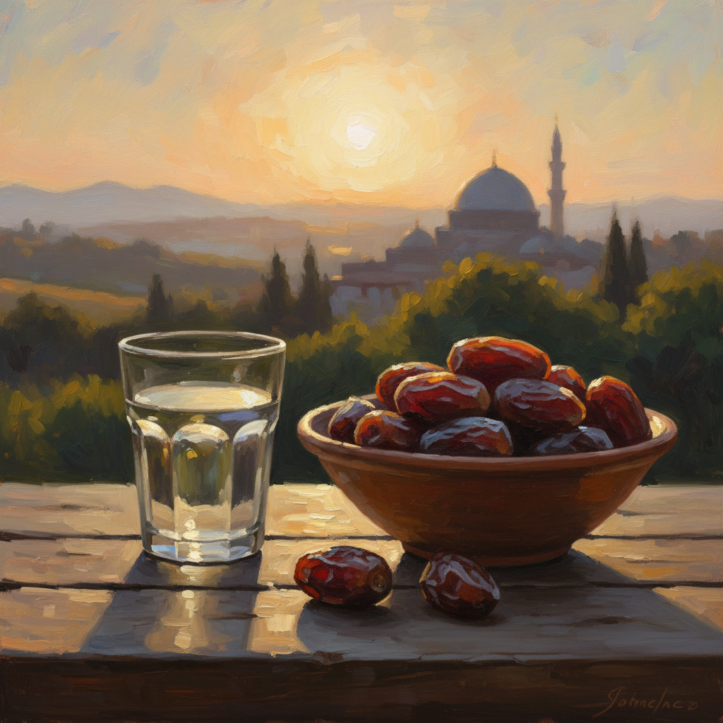 Dua for opening fast — dates and water on a table at sunset in warm muted oil painting tones