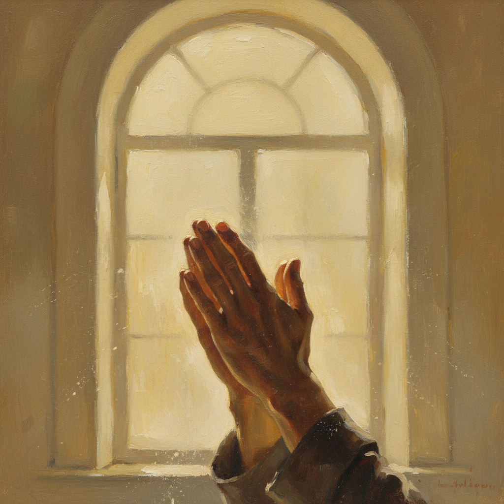 Dua for pain โ hands raised in prayer with soft warm light in muted oil painting tones