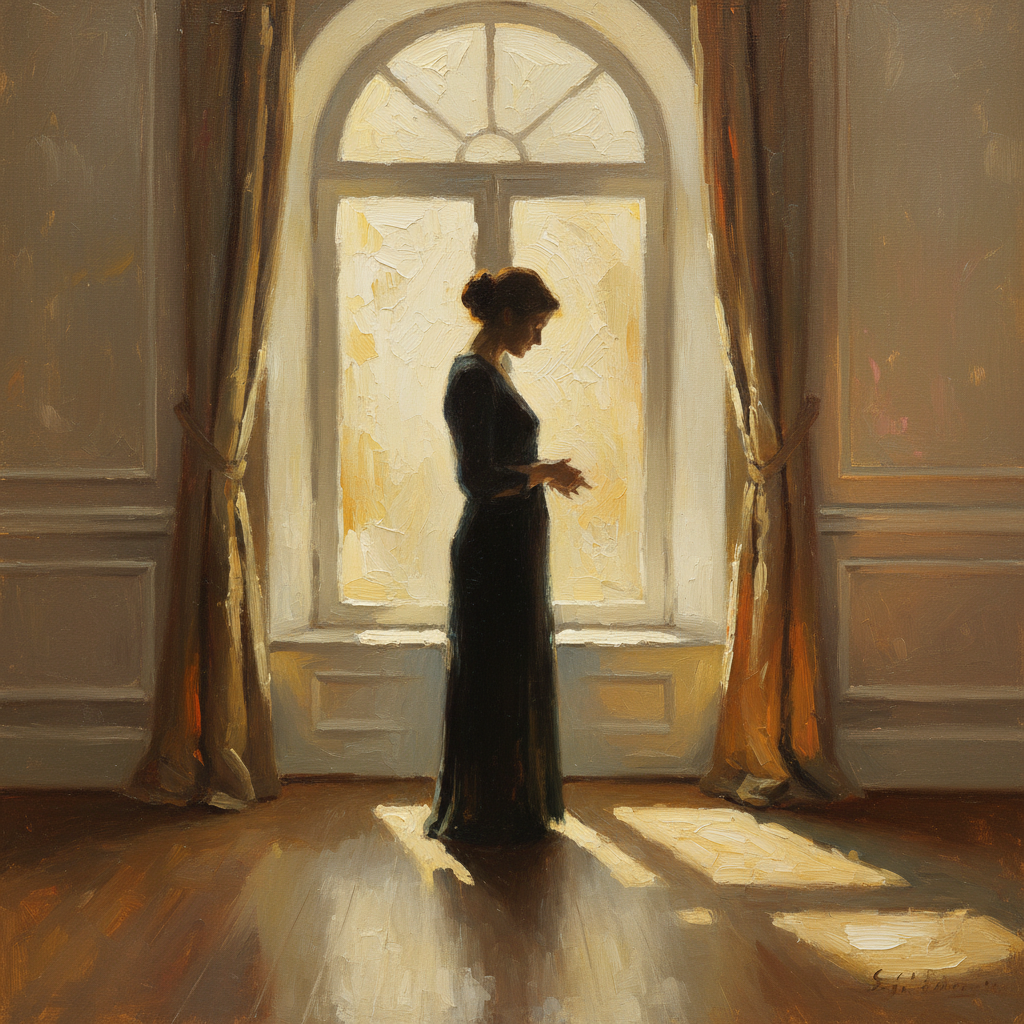 Dua for the pain — a solitary figure by a window in soft warm muted oil painting tones